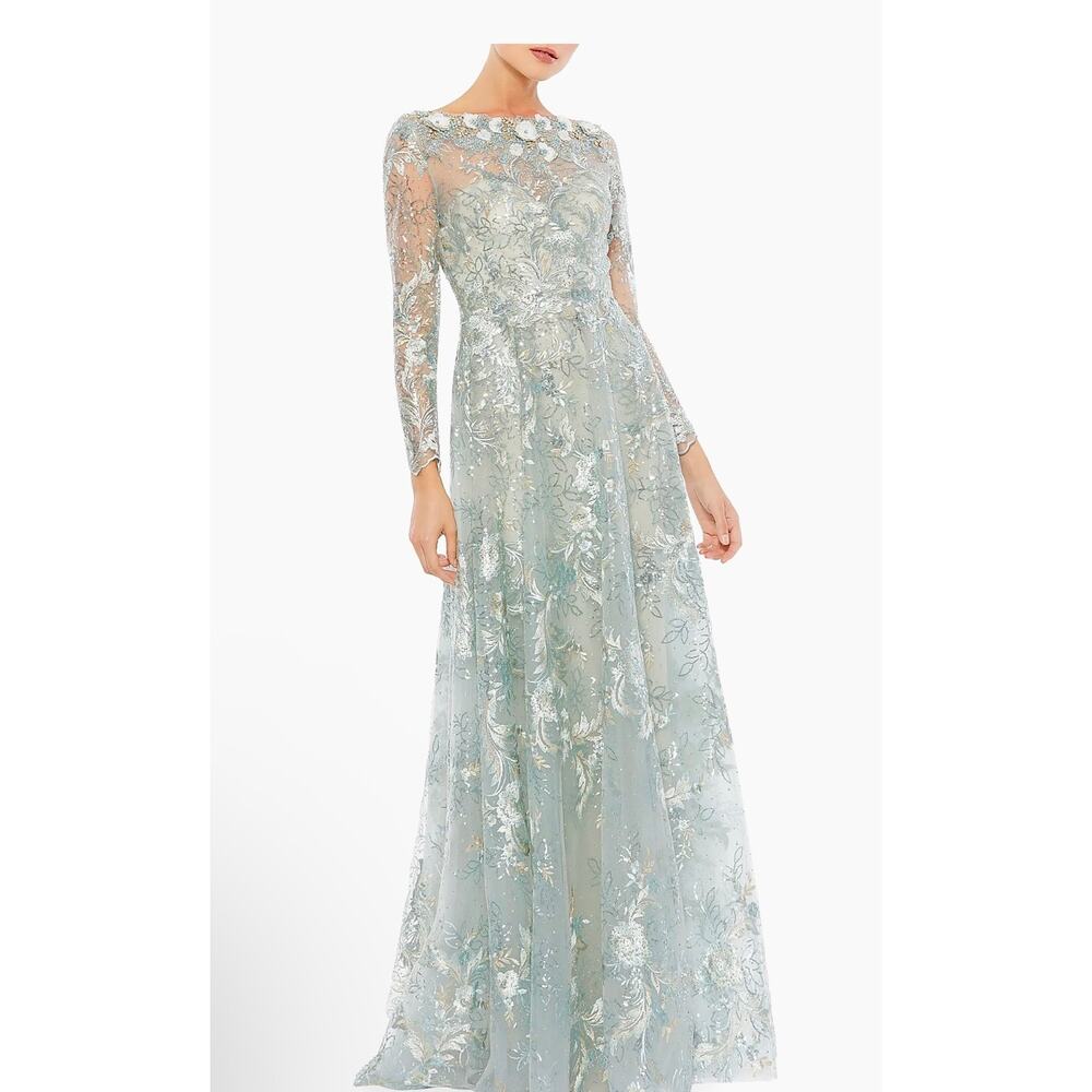 Mac Duggal Rhinestone Embroidered Sweetheart Illusion Long Sleeve A Line Gown 6